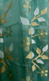 Pine green with white & zari lata motifs muslin silk handwoven jamdani saree