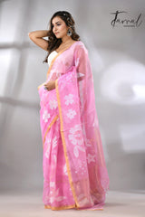 Pink Muslin Silk Handwoven Jamdani Saree Left