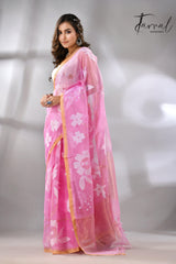 Pink Muslin Silk Handwoven Jamdani Saree Right