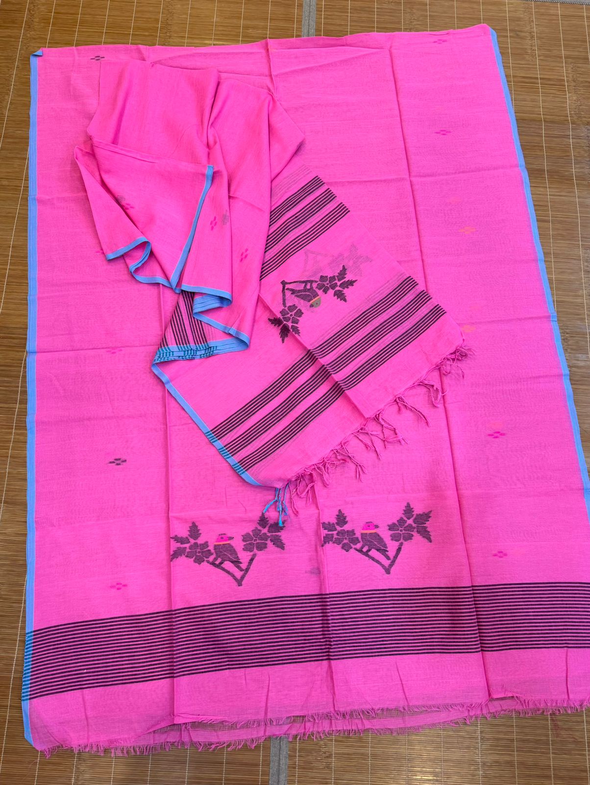 Pink with black bird pure cotton handwoven jamdani kurti & dupatta set