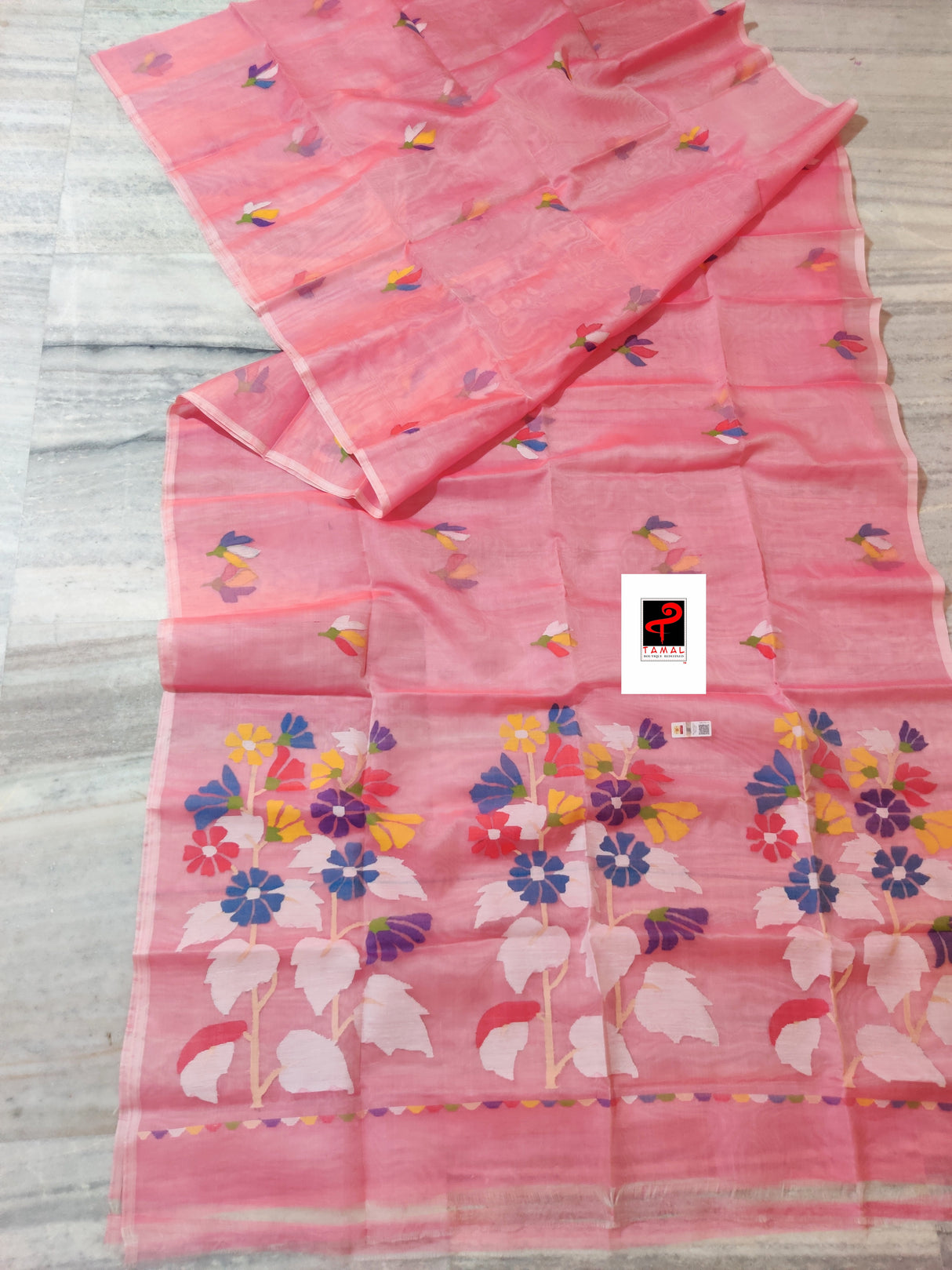 Pink with multi colour pallu floral with butas allover handwoven jamadani saree in muslin silk