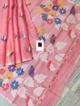 Pink with multi colour pallu floral with butas allover handwoven jamadani saree in muslin silk