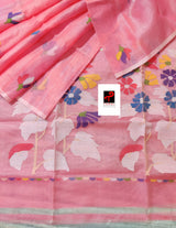 Pink with multi colour pallu floral with butas allover handwoven jamadani saree in muslin silk