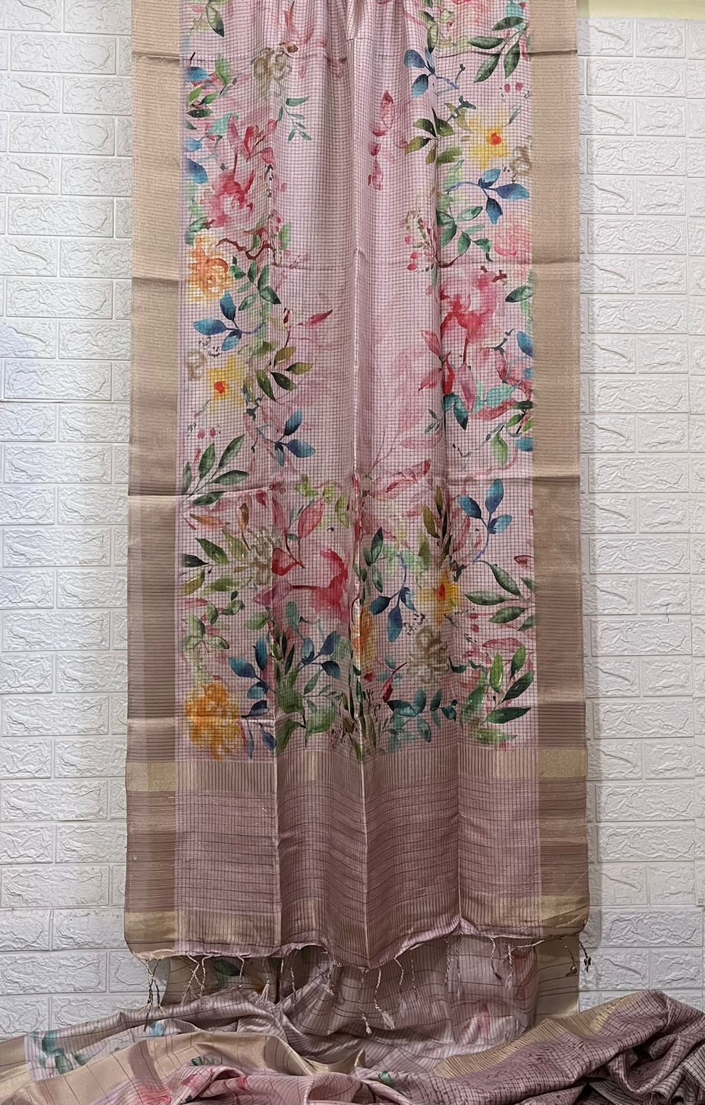 Light Pink with zari border tusser cotton floral hand painted zari check saree