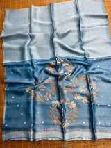 Powder blue silk linen handwoven jamdani saree