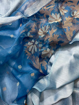 Powder blue silk linen handwoven jamdani saree