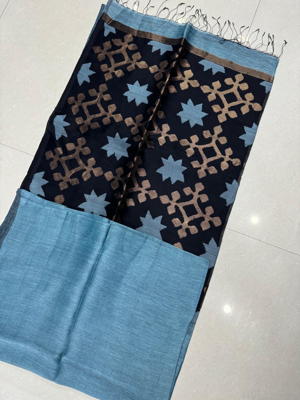 Powder blue with black star pallu silk linen handwoven jamdani saree - Tamal Boutique