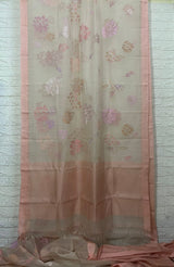 Powder pink mixed rose & orchid floral bouquet allover handwoven muslin silk jamdani saree