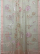 Powder pink mixed rose & orchid floral bouquet allover handwoven muslin silk jamdani saree