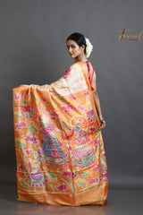 Offwhite with orange lotus motifs hand batik tussar silk saree