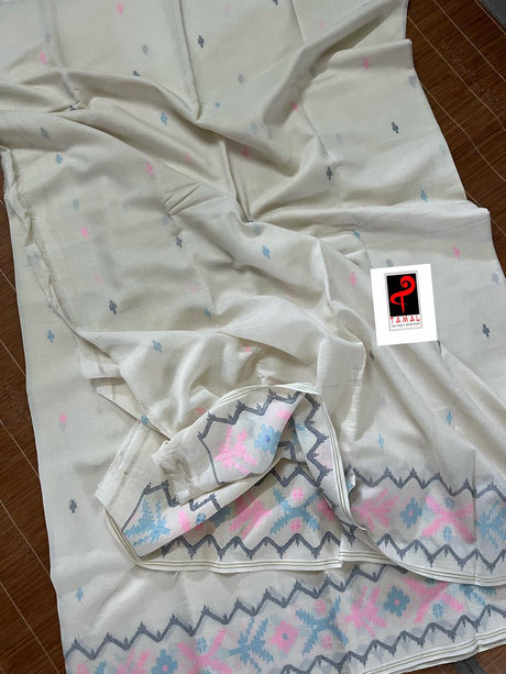 Offwhite With Multi color Pure cotton handwoven jamdani fabric - Tamal Boutique