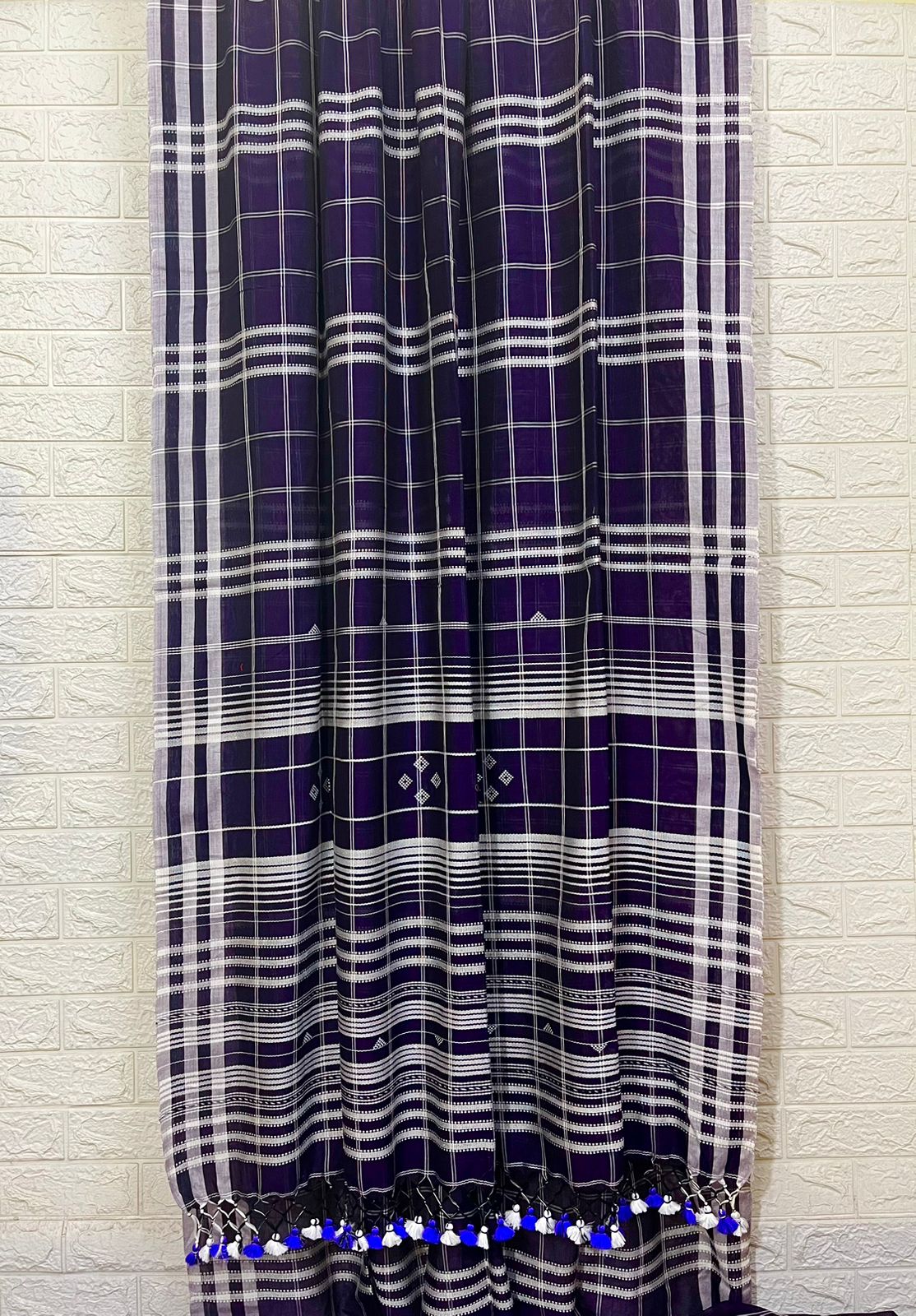 Purple with white border check bhujoudi cotton handloom saree