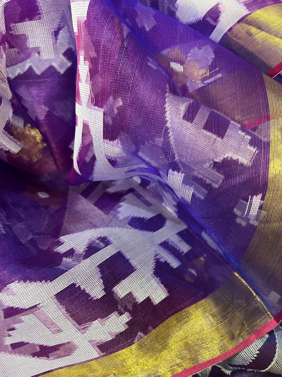 Purple with zari border organza silk handloom jacquard jamdani saree