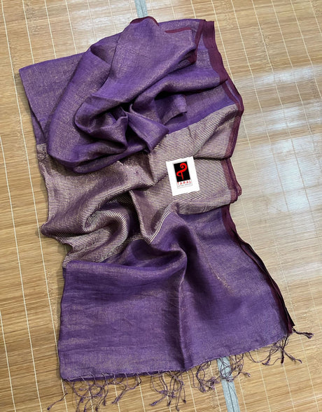 Purple zari linen pallu strip handloom saree - Tamal Boutique