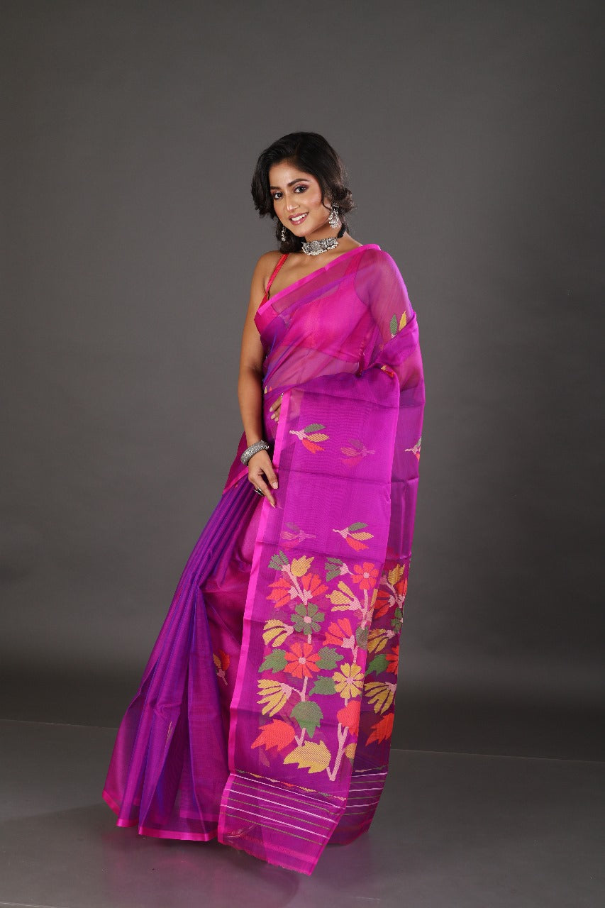 Rani with blue dual tone colour floral buta muslin silk handwoven jamadani saree