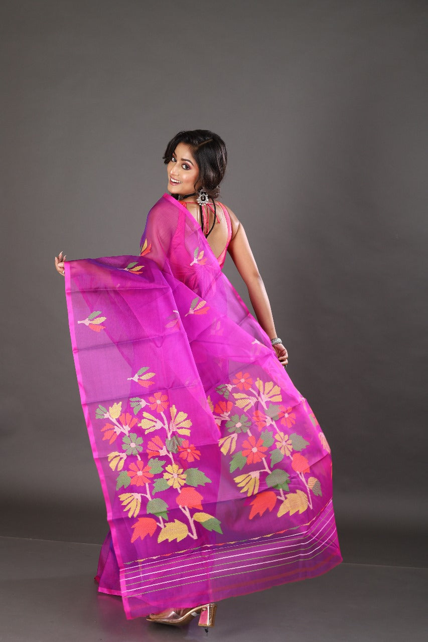 Rani with blue dual tone colour floral buta muslin silk handwoven jamadani saree