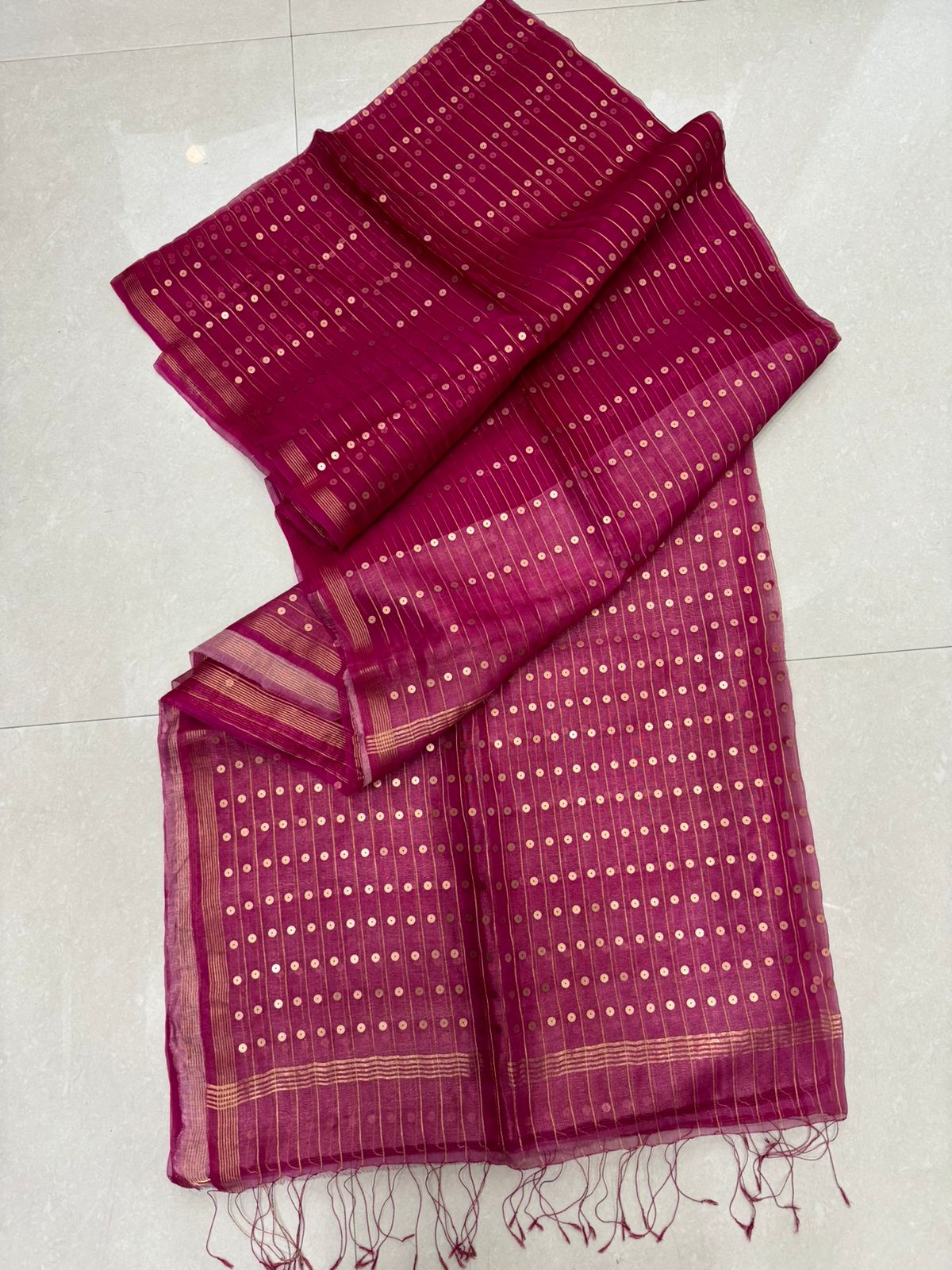 Rani with zari border sequins handwoven saree