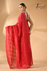 Red soft dhaki handloom jamdani saree_back