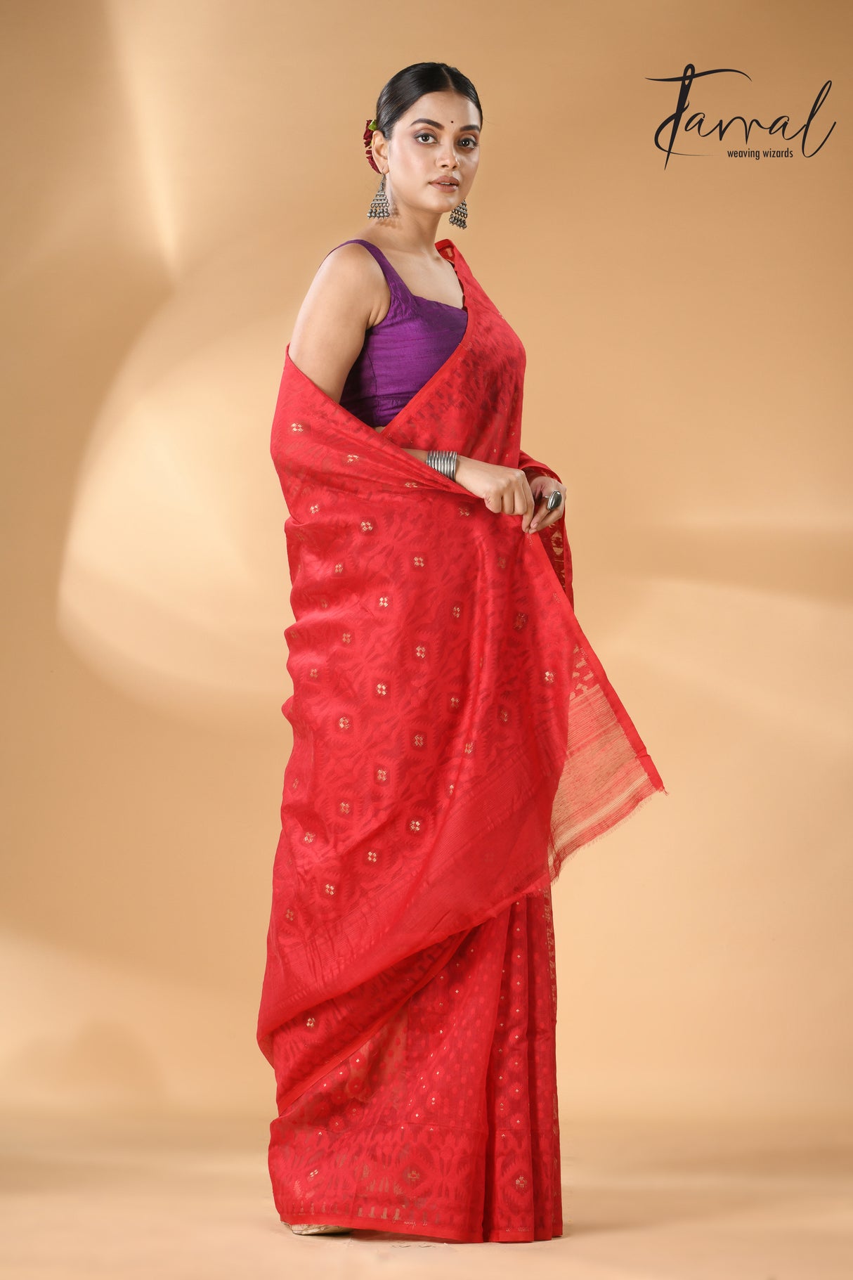 Red soft dhaki handloom jamdani saree_full3