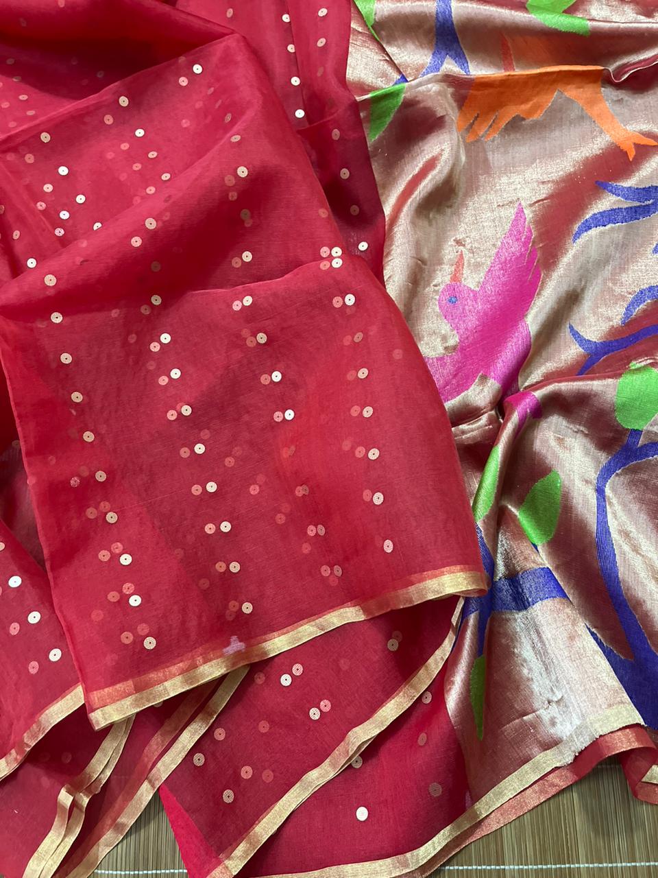 Red colour Organza silk paithani sequins saree - Tamal Boutique