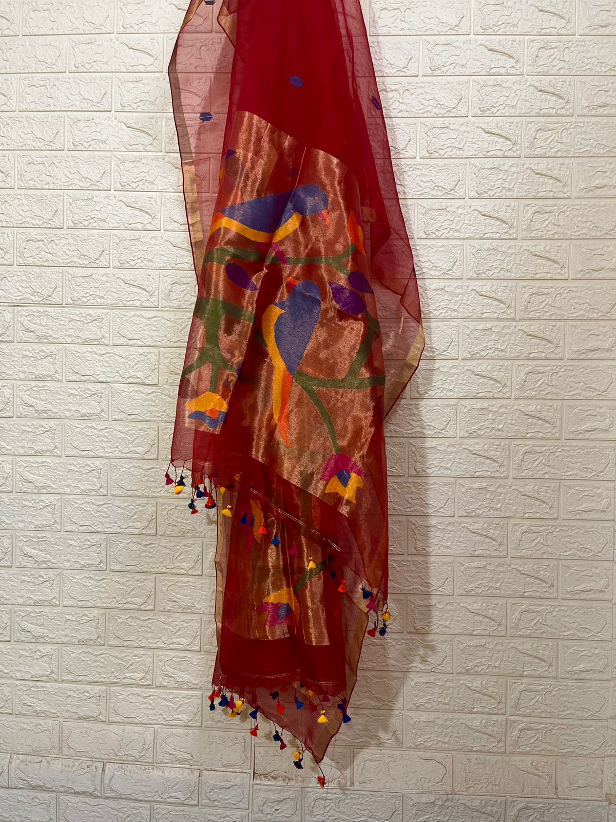 Red organza silk paithani dupatta with silk cotton Kutri set - Tamal Boutique