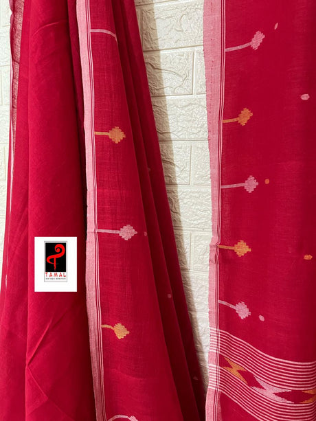 Red white & yellow tal gachh handwoven jamdani saree - Tamal Boutique