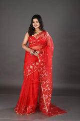 Red with golden border organza silk traditonal handwoven jamdani saree