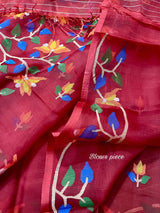 Red with multi colour muslin silk handwoven jamdani saree