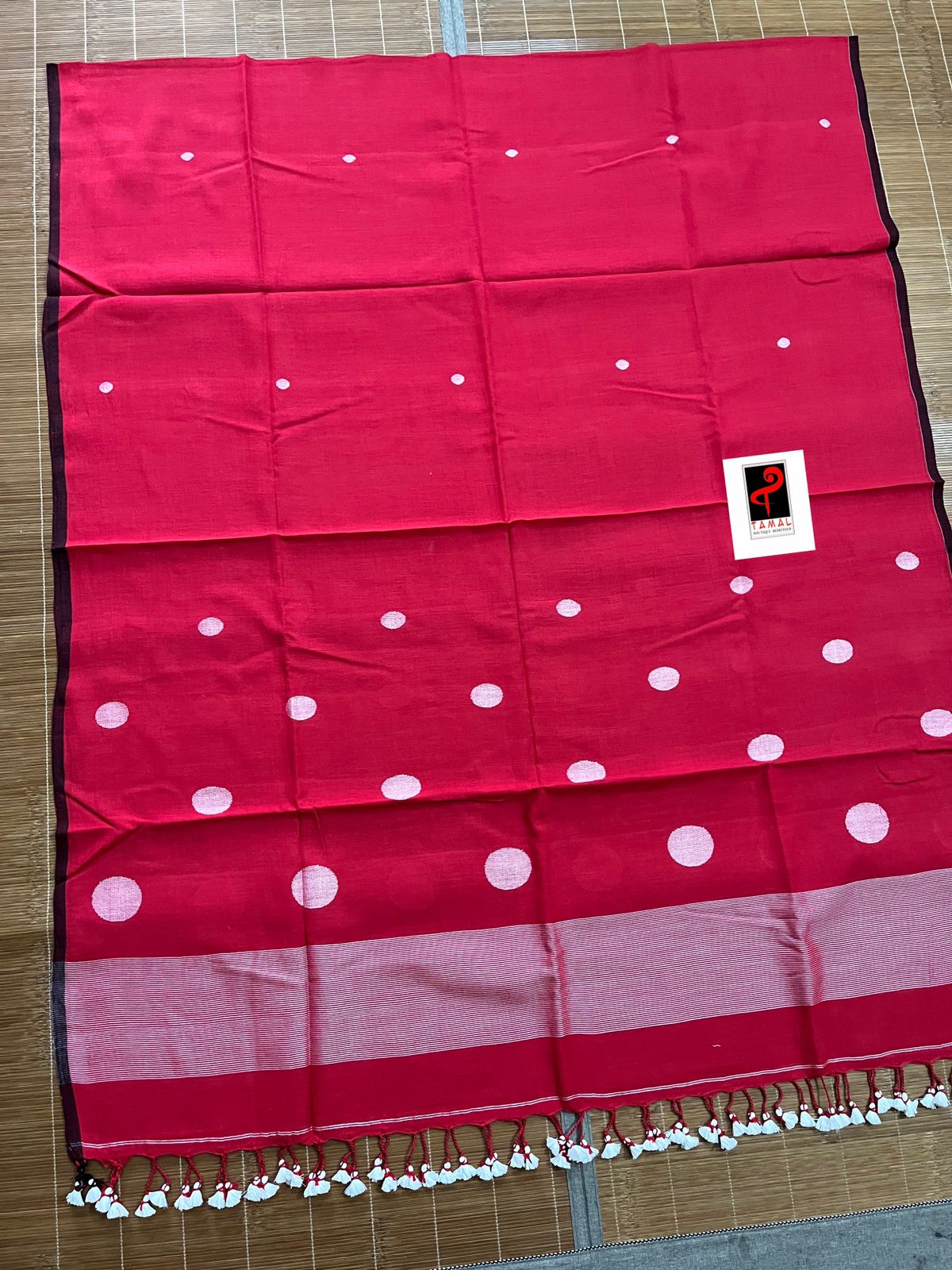 Red with white colour palka dot cotton handwoven jamadani kurti & dupatta set
