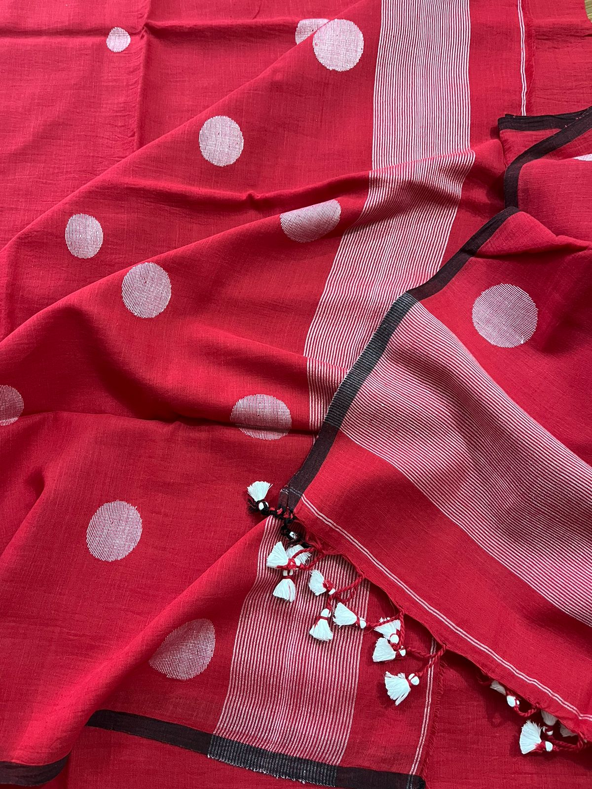 Red with white colour palka dot cotton handwoven jamadani kurti & dupatta set
