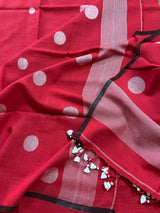 Red with white colour palka dot cotton handwoven jamadani kurti & dupatta set - Tamal Boutique