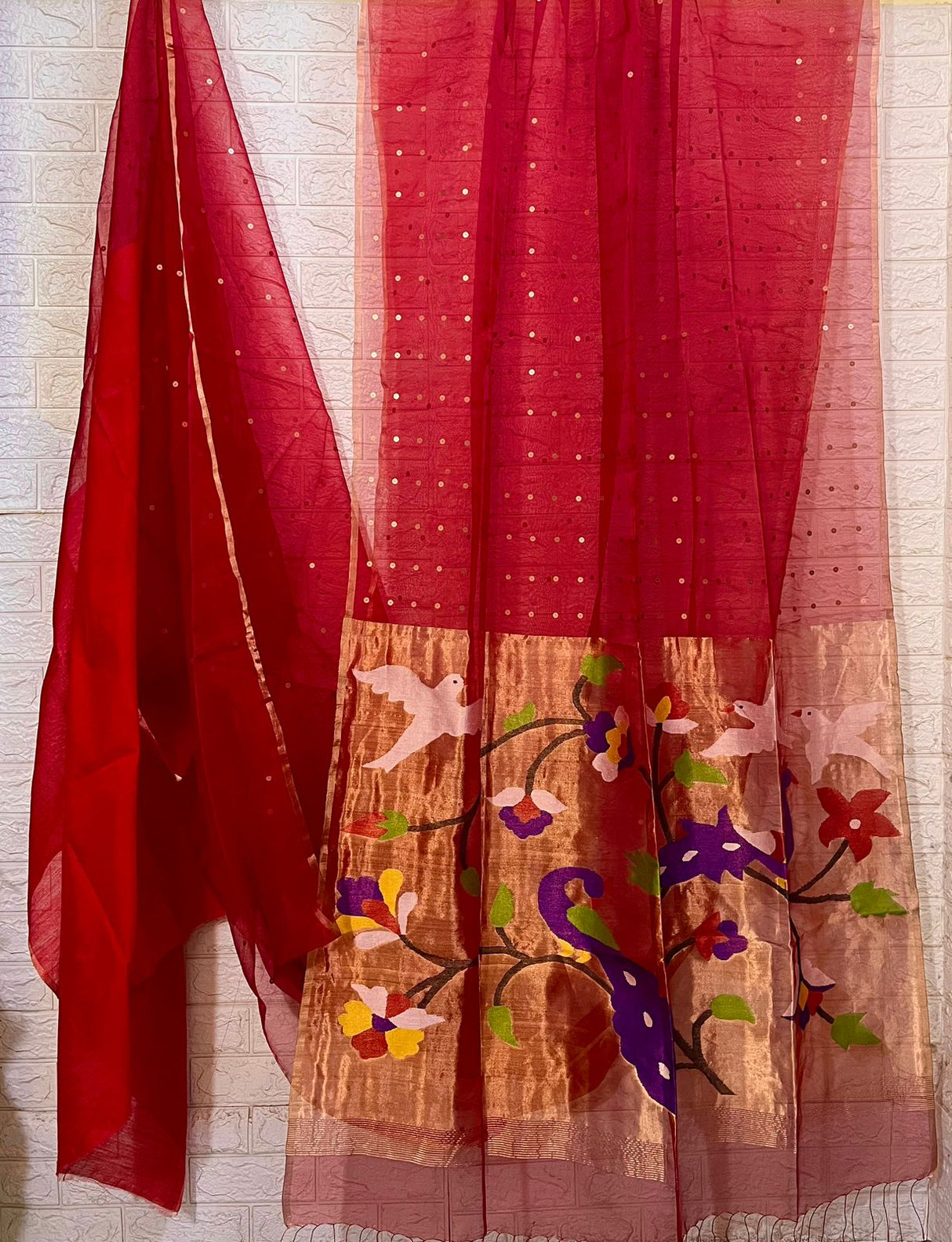 Mughal Red Peacock Motifs organza silk handwoven jamdani saree - Tamal Boutique