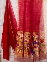 Mughal Red Peacock Motifs organza silk handwoven jamdani saree