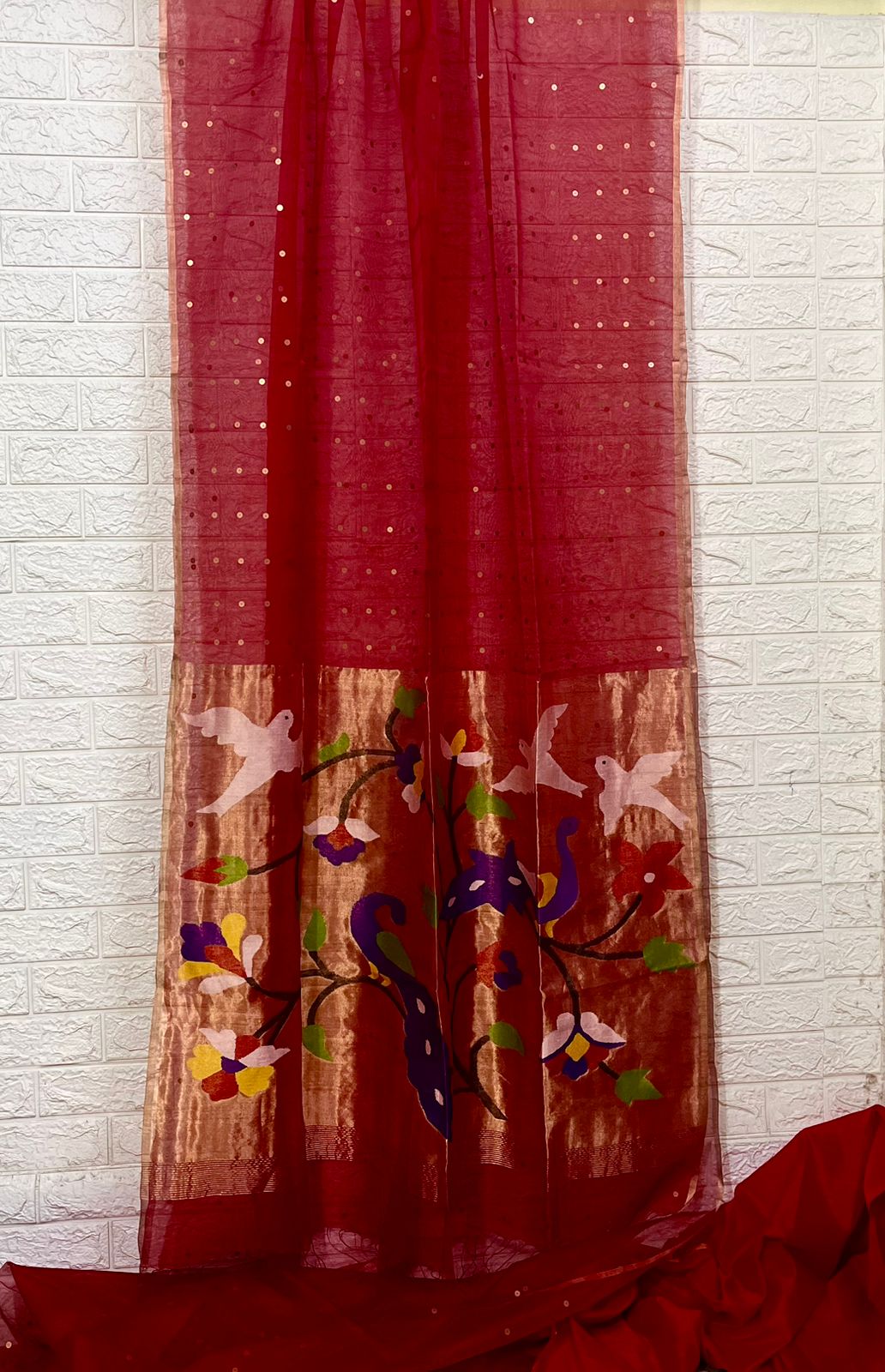 Mughal Red Peacock Motifs organza silk handwoven jamdani saree