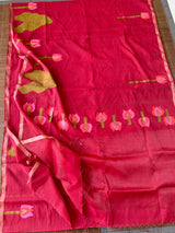 Red with zari border tissue silk linen lotus handwoven jamdani saree