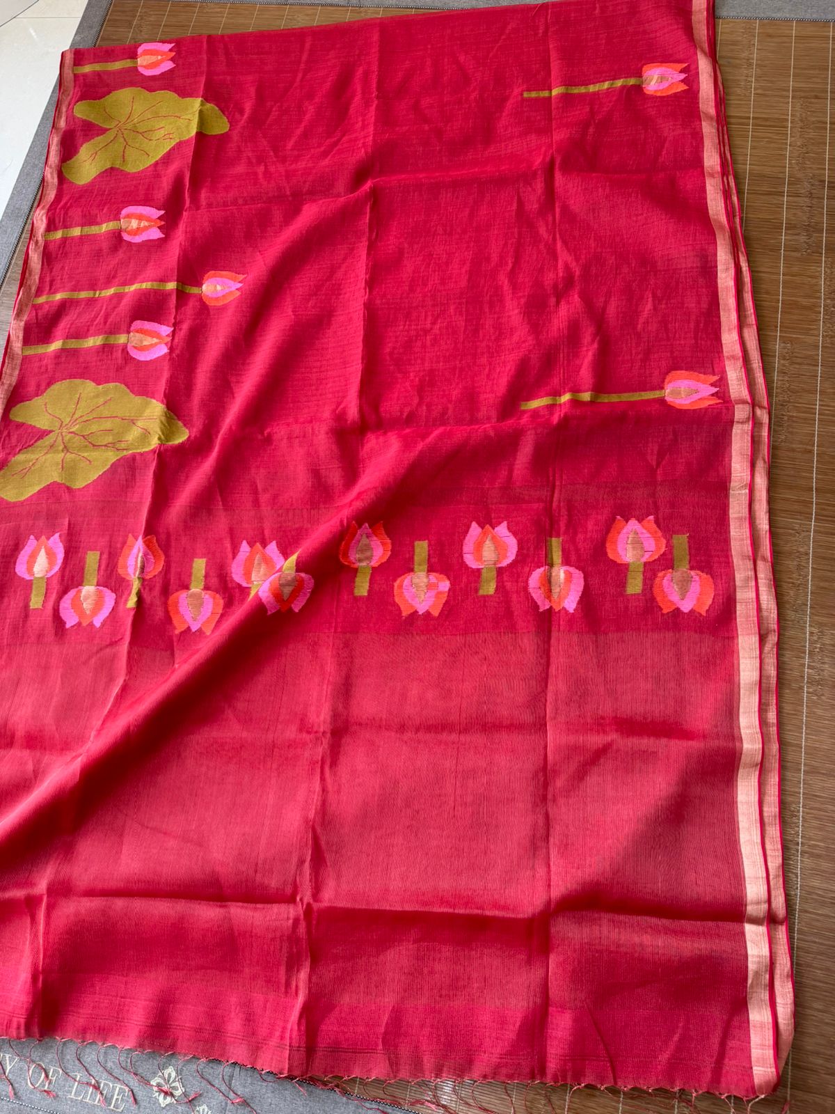 Red with zari border tissue silk linen lotus handwoven jamdani saree