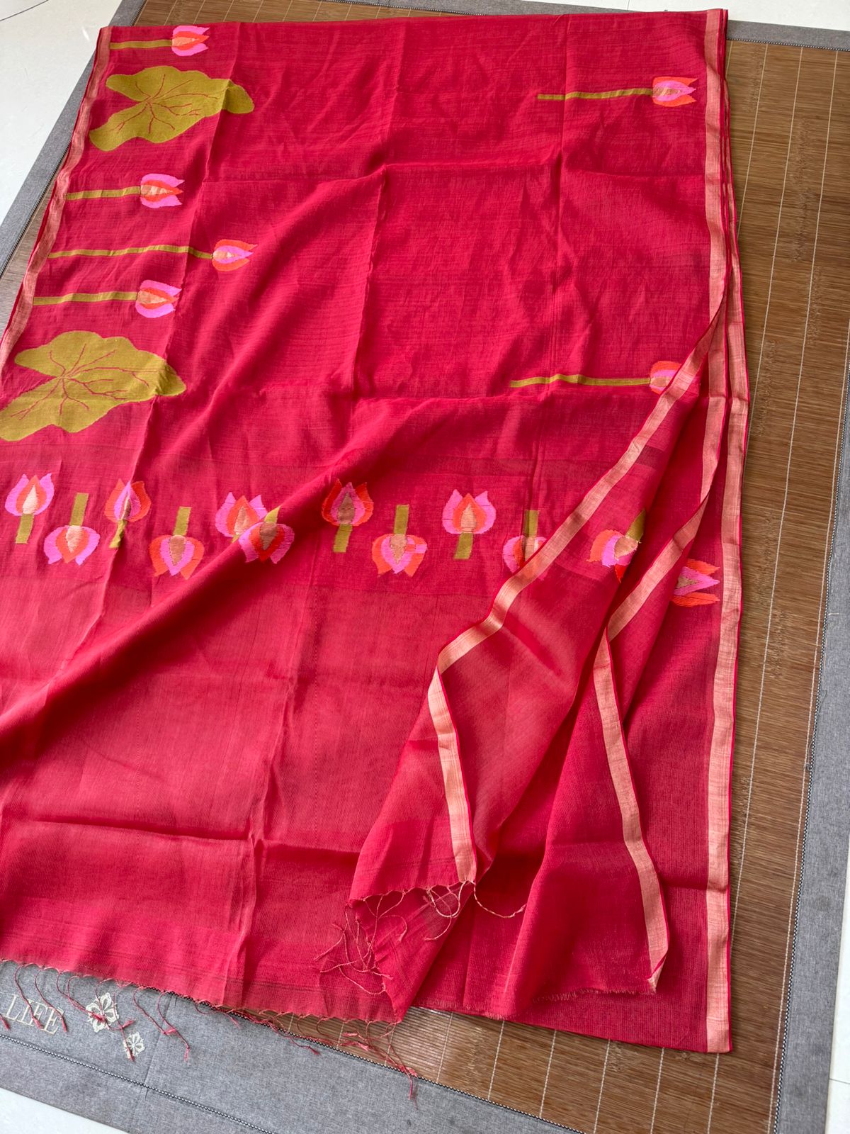 Red with zari border tissue silk linen lotus handwoven jamdani saree