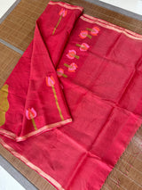 Red with zari border tissue silk linen lotus handwoven jamdani saree