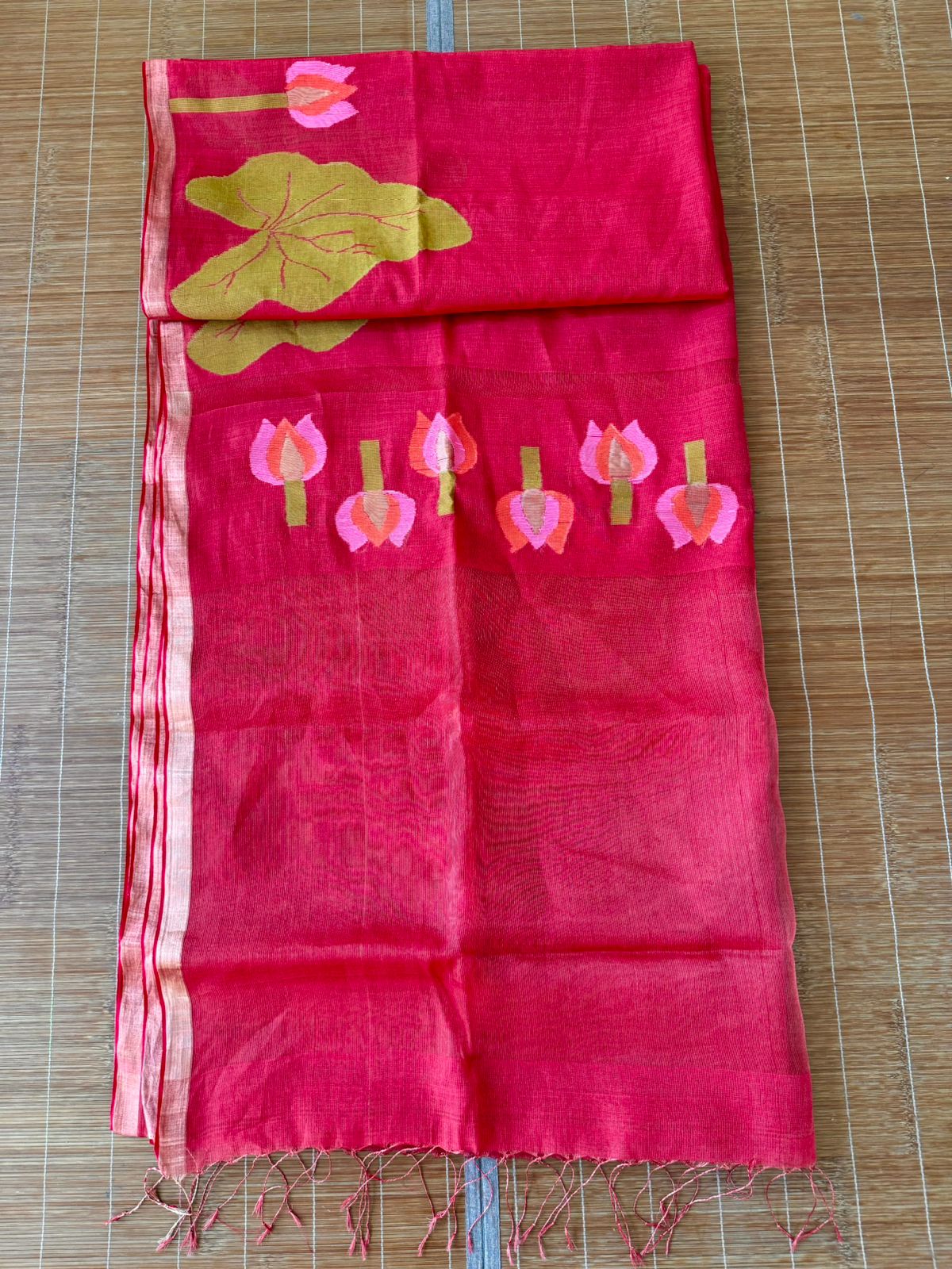 Red with zari border tissue silk linen lotus handwoven jamdani saree