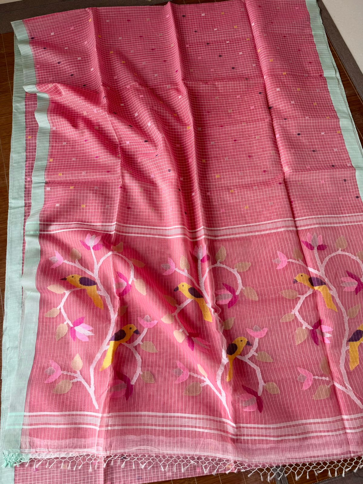 Rose pink with light sea green border Resham Muslin Kota silk handwoven jamdani saree_