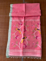 Rose pink with light sea green border Resham Muslin Kota silk handwoven jamdani saree_