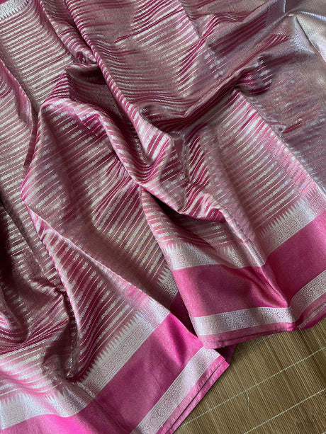 Rose pink with silver zari tissue banarasi silk saree - Tamal Boutique