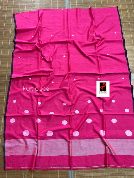 Rose pink with white colour palka dot cotton handwoven jamadani kurti & dupatta set - Tamal Boutique