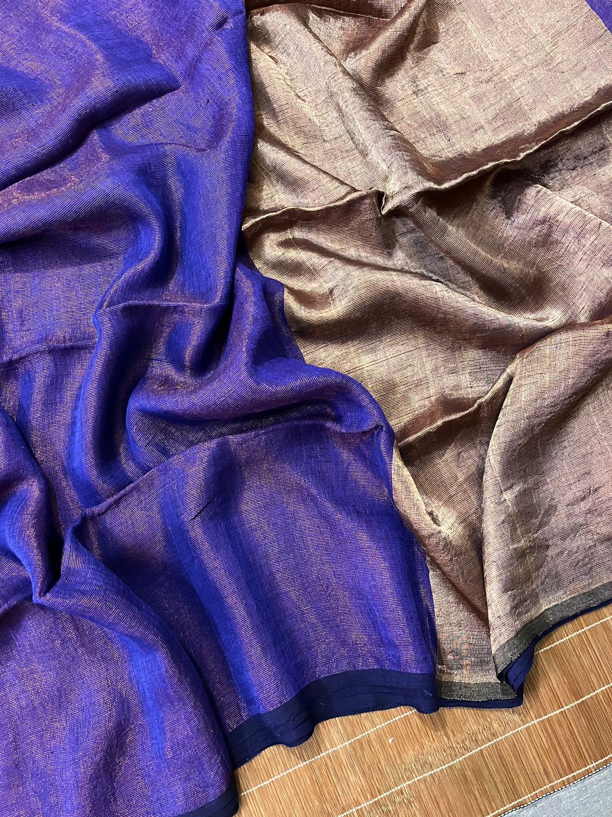 Royal blue zari linen handloom saree