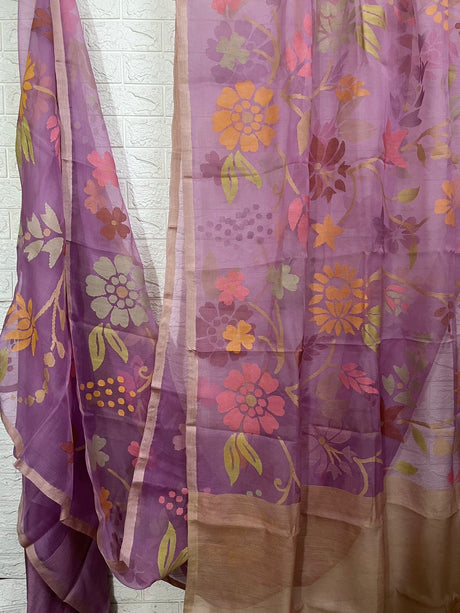 Royal purple with multicolour blossom lotus & other floral allover muslin silk handwoven jamdani saree