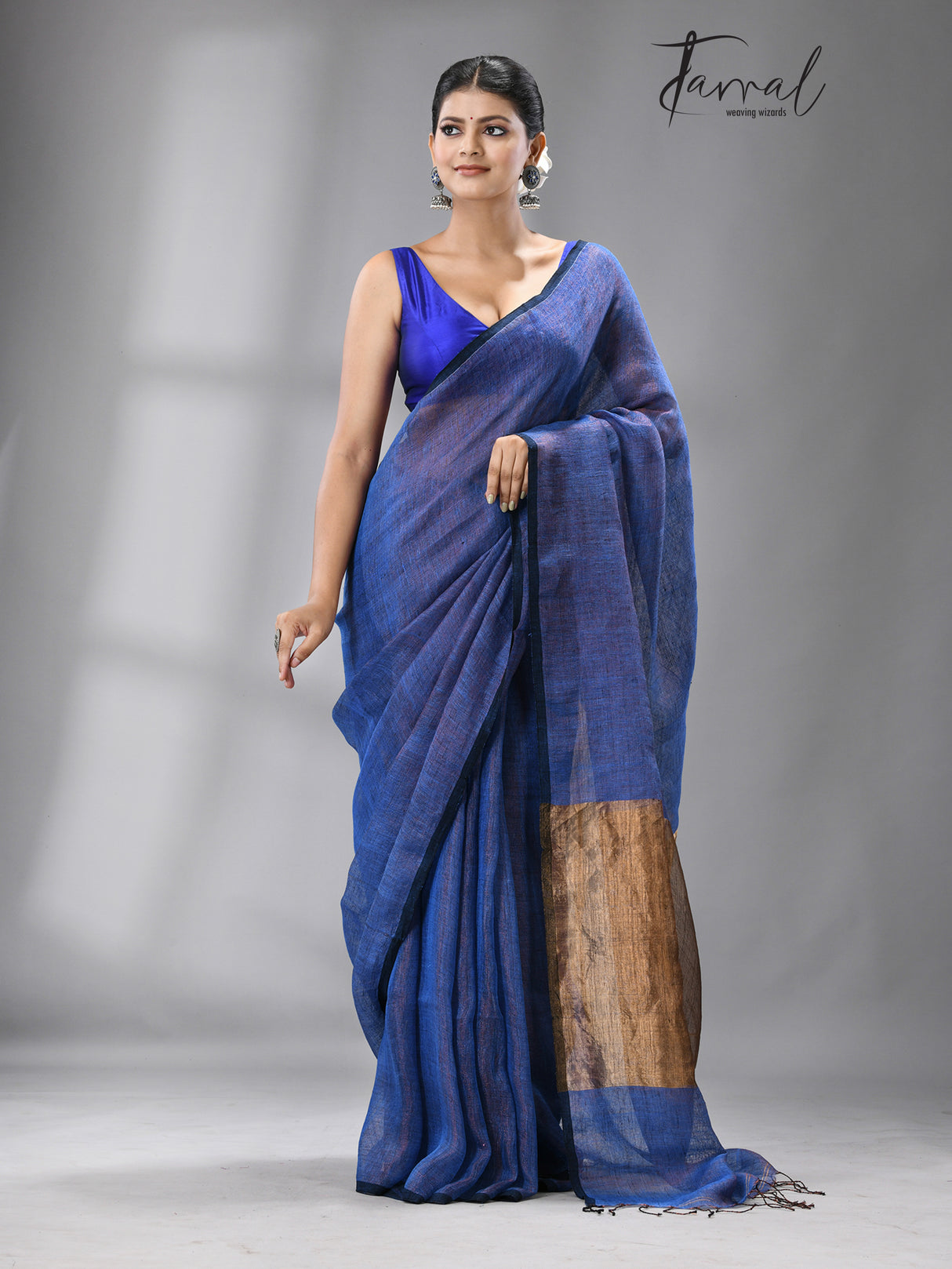 Blue colour Dhala zari linen handloom saree - Tamal Boutique