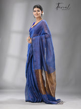 Blue colour Dhala zari linen handloom saree - Tamal Boutique