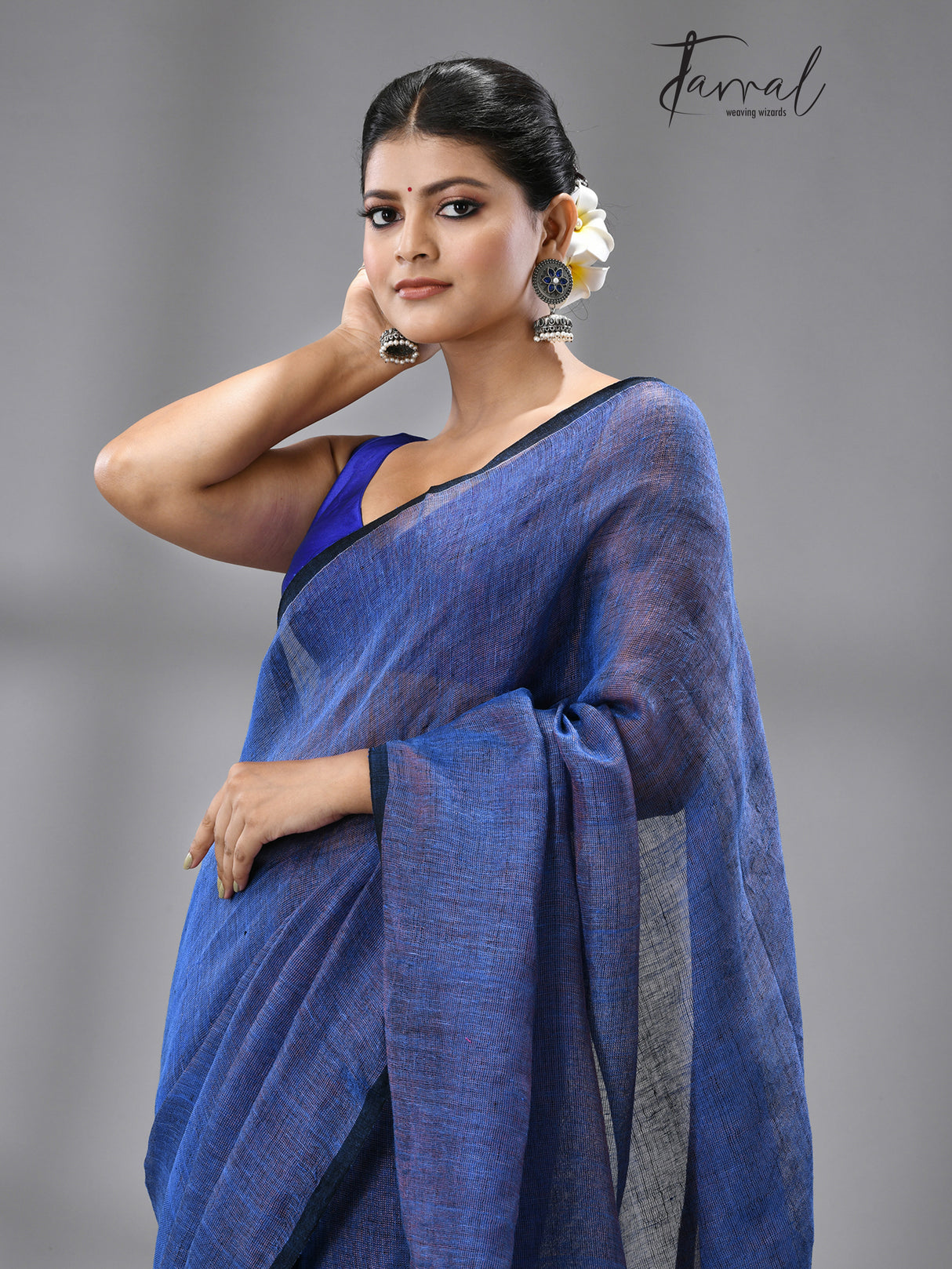 Blue colour Dhala zari linen handloom saree - Tamal Boutique