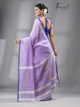 Light lavender With blue Border Pure Cotton Handwoven Jamdani Saree