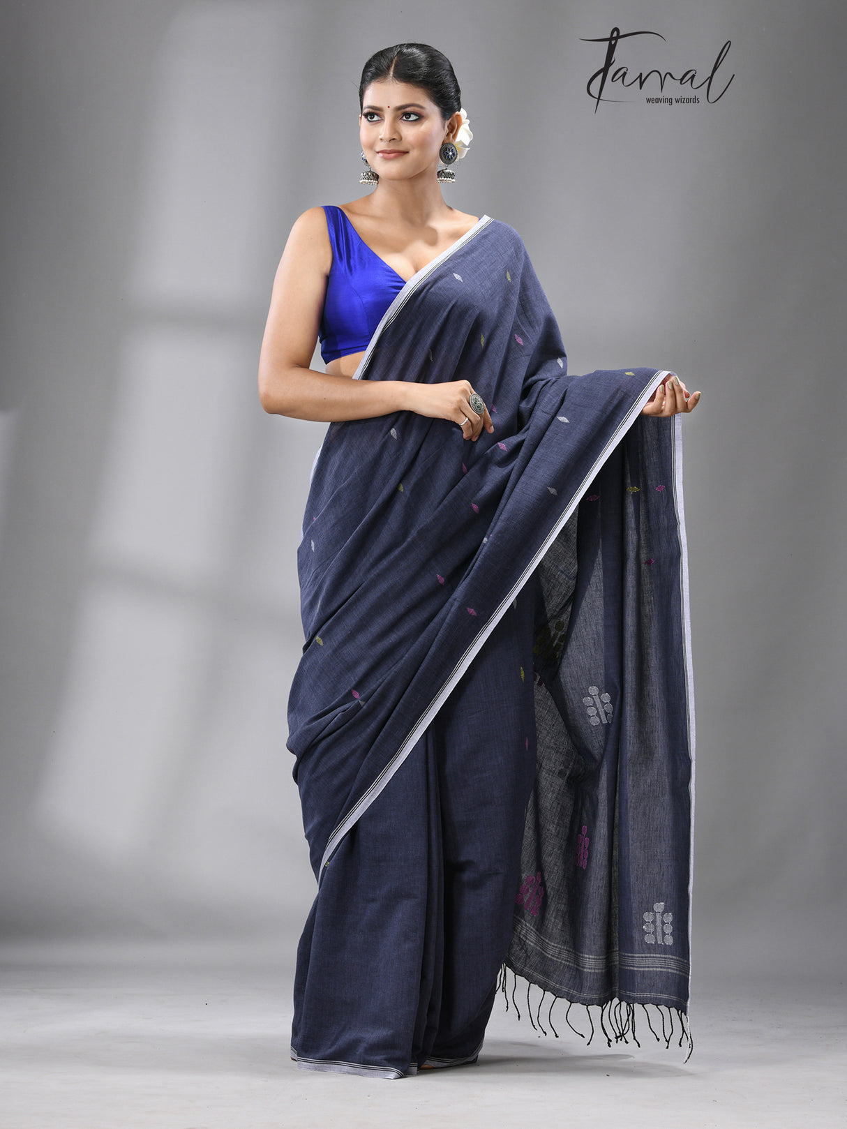 Dark grey with multi colour coin design cotton handwoven jamdani saree